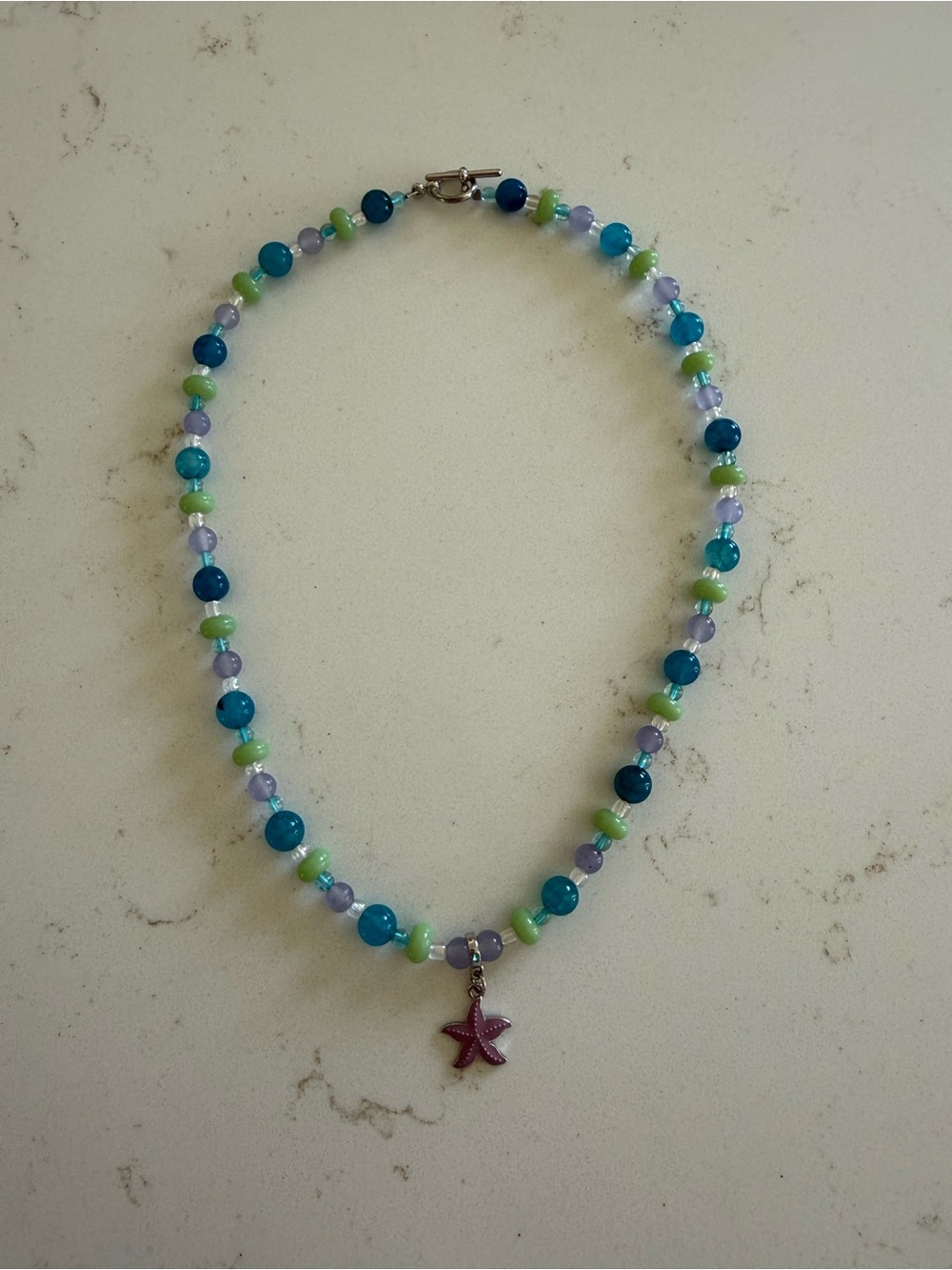 Beaded Starfish Pendant Necklace in Blue, Green & Lavender